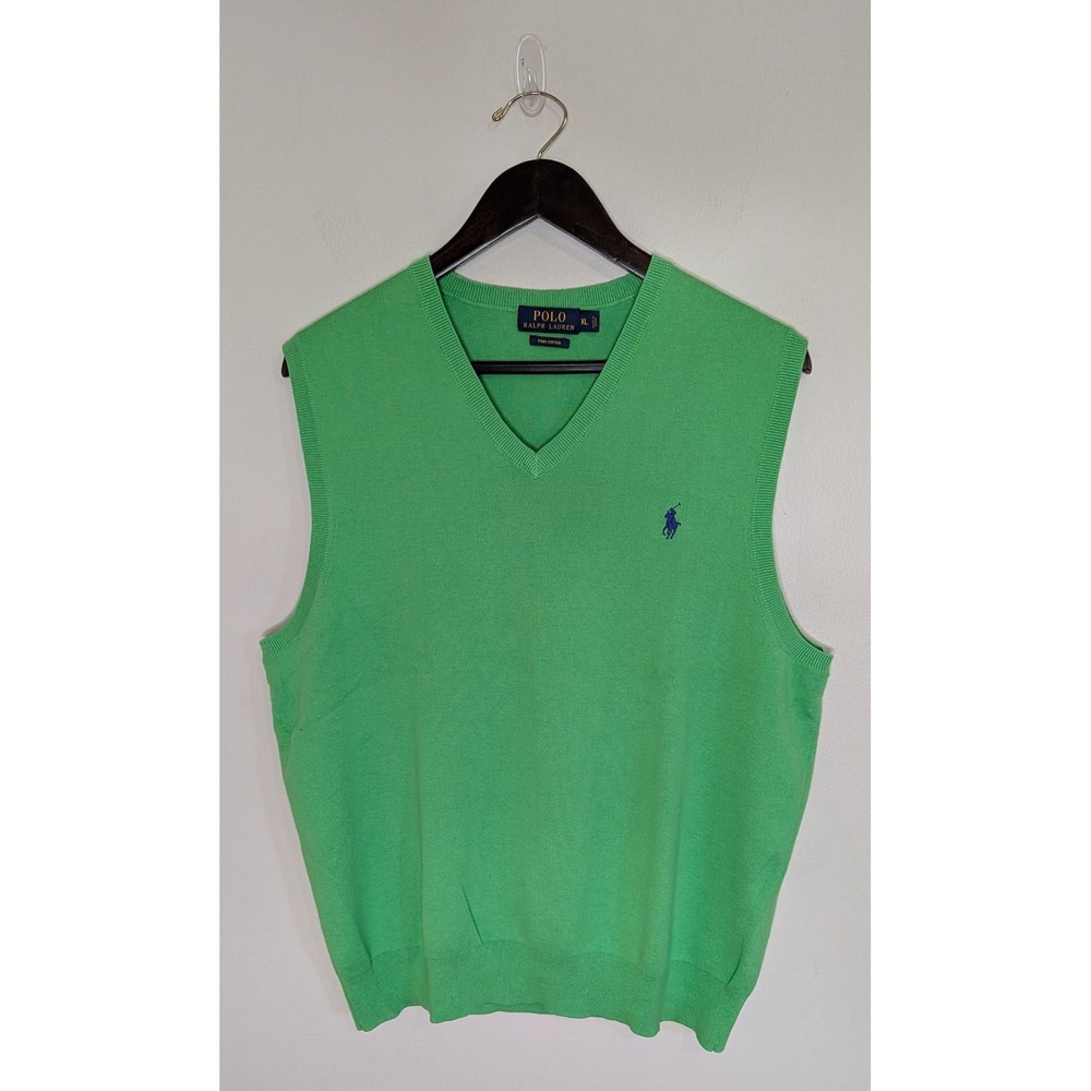 Polo Ralph Lauren Men XL Green Pima Cotton V-Neck  Sweater Vest Preppy Golf